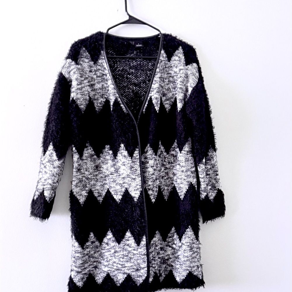 Black Gray Chevron Open Front Warm Cardigan S Size - Picture 2 of 3